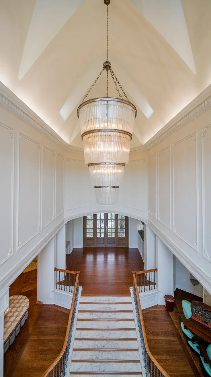 A magnificent chandelier cascades from the vaulted ceiling of a two-story foyer showcasing elegant marble stairs and rich wood floors.