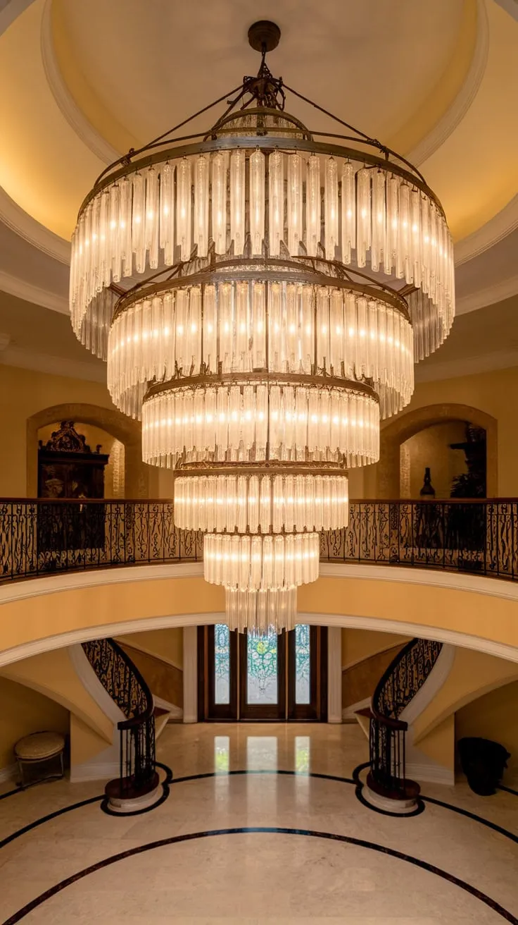 A magnificent multi-tiered glass and metal chandelier casts warm golden light across a two-story marble foyer, illuminating a grand staircase