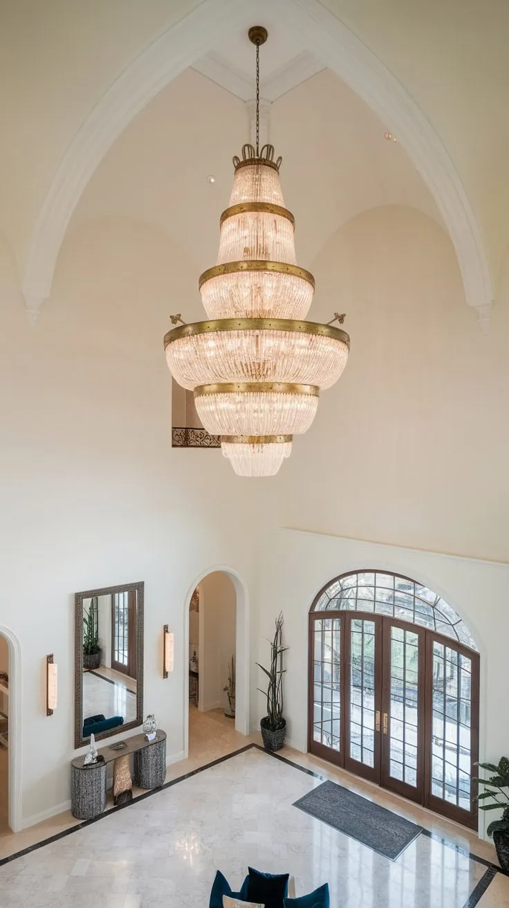 A majestic two-story foyer boasts a breathtaking tiered chandelier, enhancing its high ceiling and elegant marble floor.