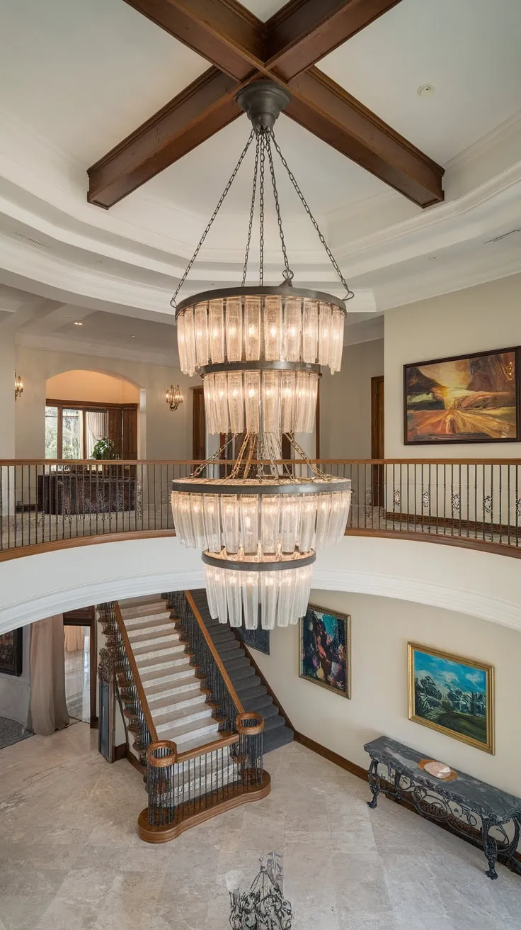 A grand two-story foyer boasts a magnificent tiered chandelier illuminating marble floors and a sweeping staircase, creating an elegant and spacious atmosphere