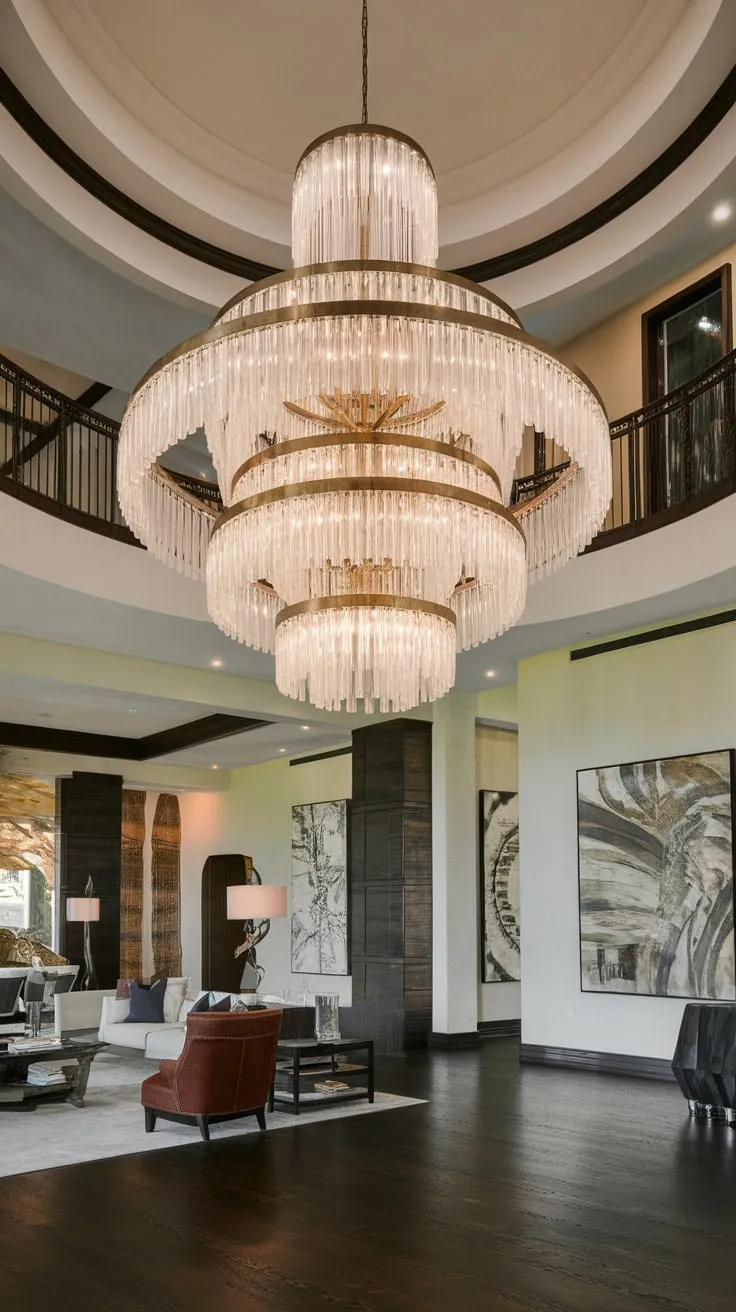 A breathtaking, multi-tiered crystal chandelier dominates a high-ceilinged living room, its sparkle enhancing the elegant décor.