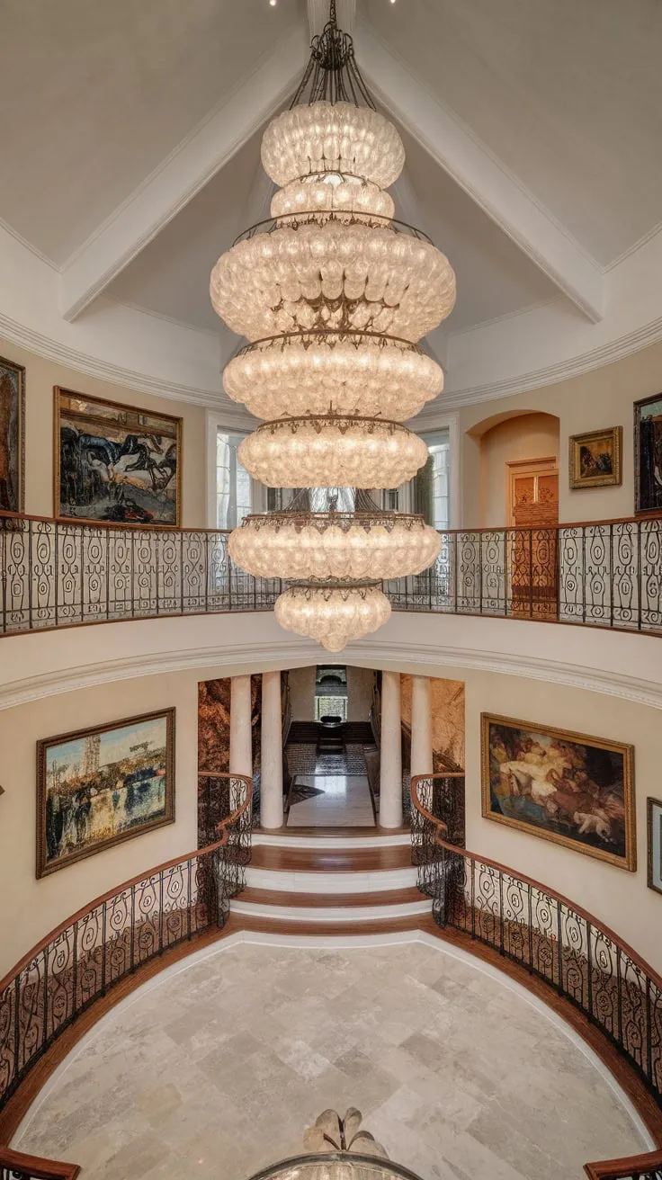 A breathtaking two-story foyer boasts a huge chandelier cascading from a vaulted ceiling above a marble floor and elegant staircase.