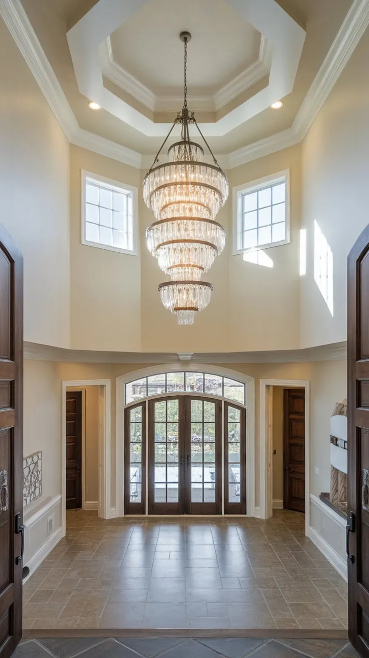 A stunning two-story foyer boasts a breathtaking chandelier, its light cascading down onto a tiled floor and light-colored walls.