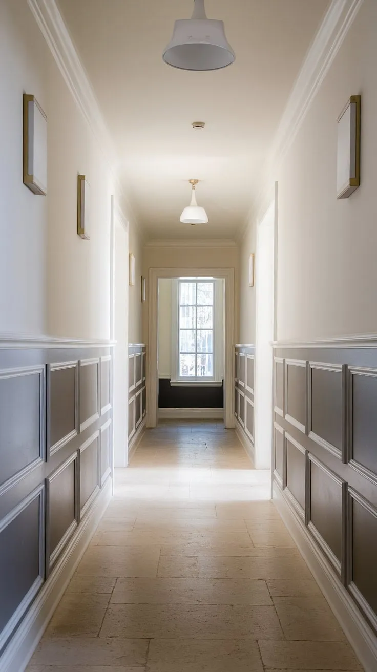 Elegant foyer entryway wainscoting sets the tone for this long hallway inspiration. The white paneling hallway, a stunning example of hallway millwork ideas, offers small hallway molding ideas and solves blank wall hallway ideas beautifully. Upstairs corridor ideas don't get more sophisticated.