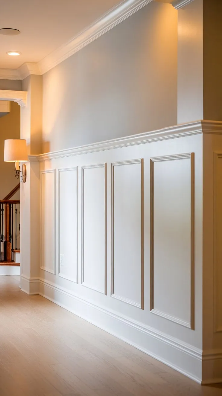 Classic elegance meets modern simplicity in this foyer entryway wainscoting design. The white paneling hallway creates a welcoming atmosphere, offering endless hallway millwork ideas and small hallway molding ideas for a blank wall hallway. Upstairs corridor ideas and long hallway inspiration abound.