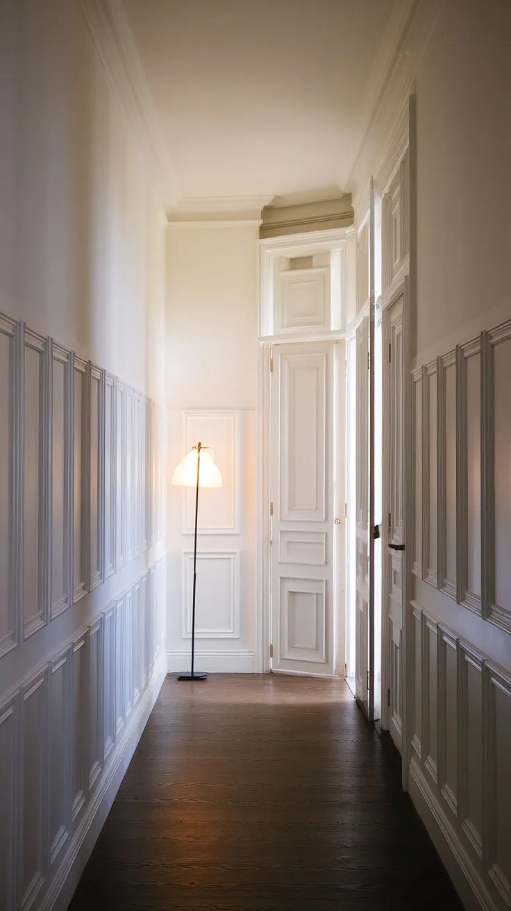This hallway with wainscoting offers a wealth of inspiration for long hallway design. The white paneling hallway, a prime example of wainscoting in a hallway, features classic millwork that elevates the space. Perfect for small hallway molding ideas and blank wall hallway ideas, this upstairs corridor showcases the impact of wainscoting in a hallway, even in a relatively narrow space. The dark wood floor and subtle lighting complete the elegant foyer entryway.