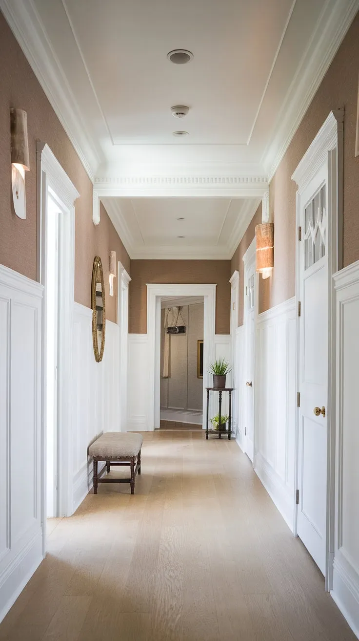 This long hallway, a stunning example of hallway millwork ideas, showcases elegant white paneling hallway design. The wainscoting in hallway adds texture and sophistication, while the beige textured walls below offer a warm contrast. Small hallway molding ideas are beautifully executed, creating a sense of grandeur in this upstairs corridor. The foyer entryway is welcoming, and the blank wall hallway ideas are cleverly addressed with carefully chosen décor. This hallway with wainscoting provides long hallway inspiration for those seeking to elevate their home's interior.