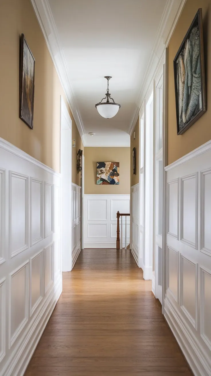 This long hallway, a stunning example of foyer entryway wainscoting, showcases elegant hallway millwork ideas. The white paneling hallway, featuring small hallway molding ideas, creates a bright and airy atmosphere. The blank wall hallway ideas are beautifully accented with artwork, while the staircase at the end adds architectural interest. This upstairs corridor ideas provides long hallway inspiration, demonstrating the transformative power of wainscoting in a hallway.