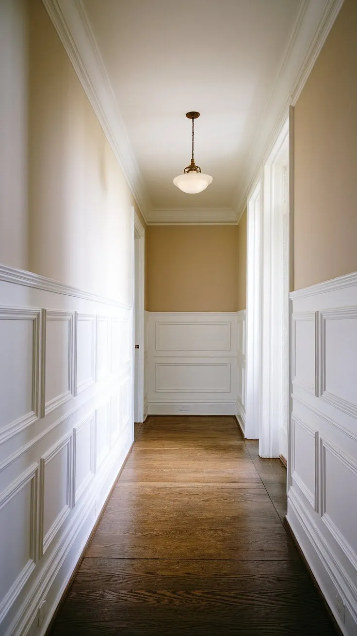 The sophisticated wainscoting in hallway immediately elevates this upstairs corridor. Note the thoughtful use of raised and flat panels in the white paneling hallway, creating visual interest without overwhelming the space. This hallway with wainscoting offers a wealth of small hallway molding ideas and hallway millwork ideas, while the dark hardwood floor adds warmth and depth. The blank wall provides a perfect canvas for personal expression, making this long hallway inspiration ideal for those seeking foyer entryway ideas. This is a prime example of how to use wainscoting in a hallway to maximize impact.