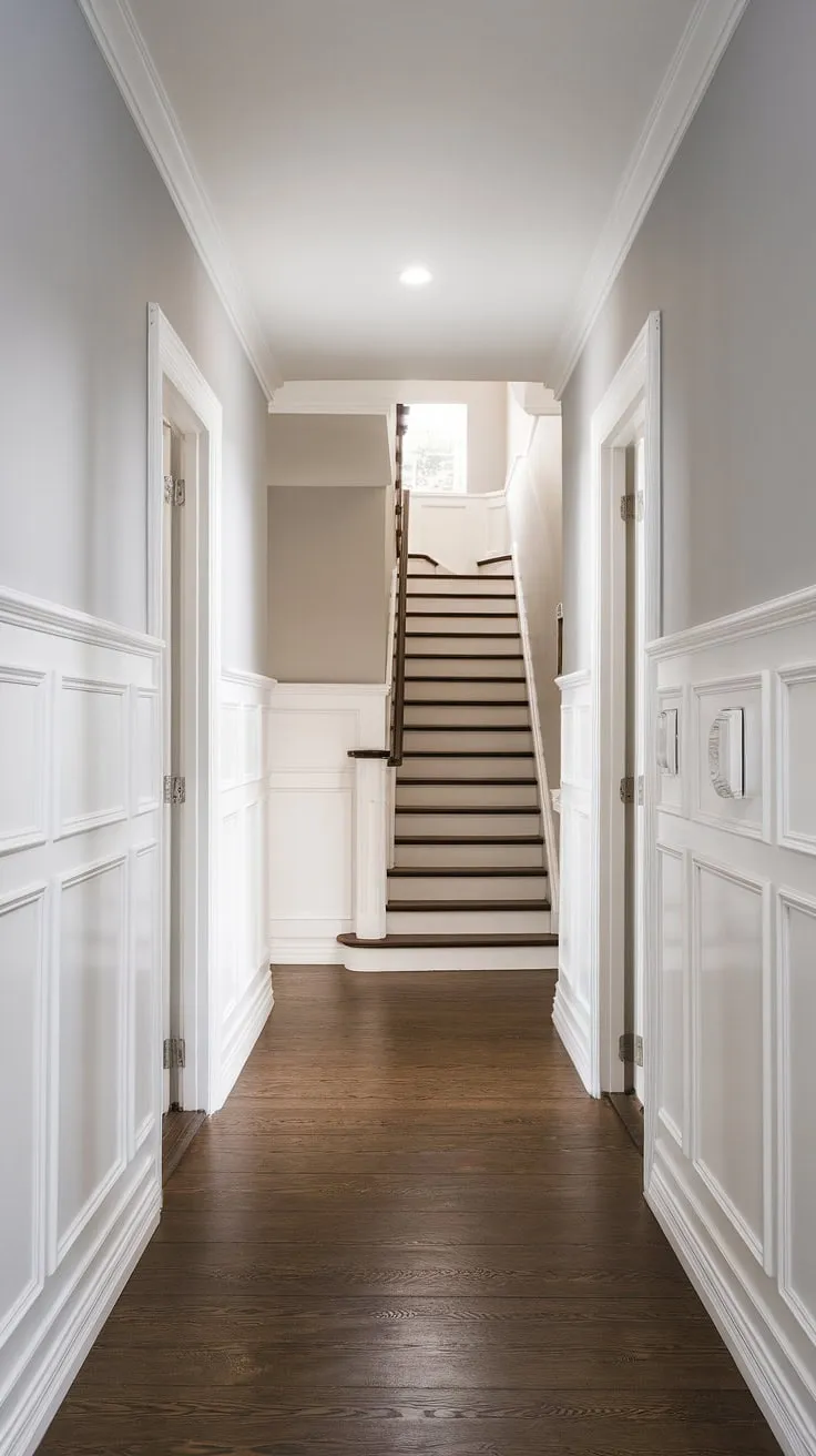 Elegant foyer entryway wainscoting sets the tone for this long hallway inspiration. The white paneling hallway, a stunning example of hallway millwork ideas, leads to a grand staircase. Small hallway molding ideas like this maximize space and style.