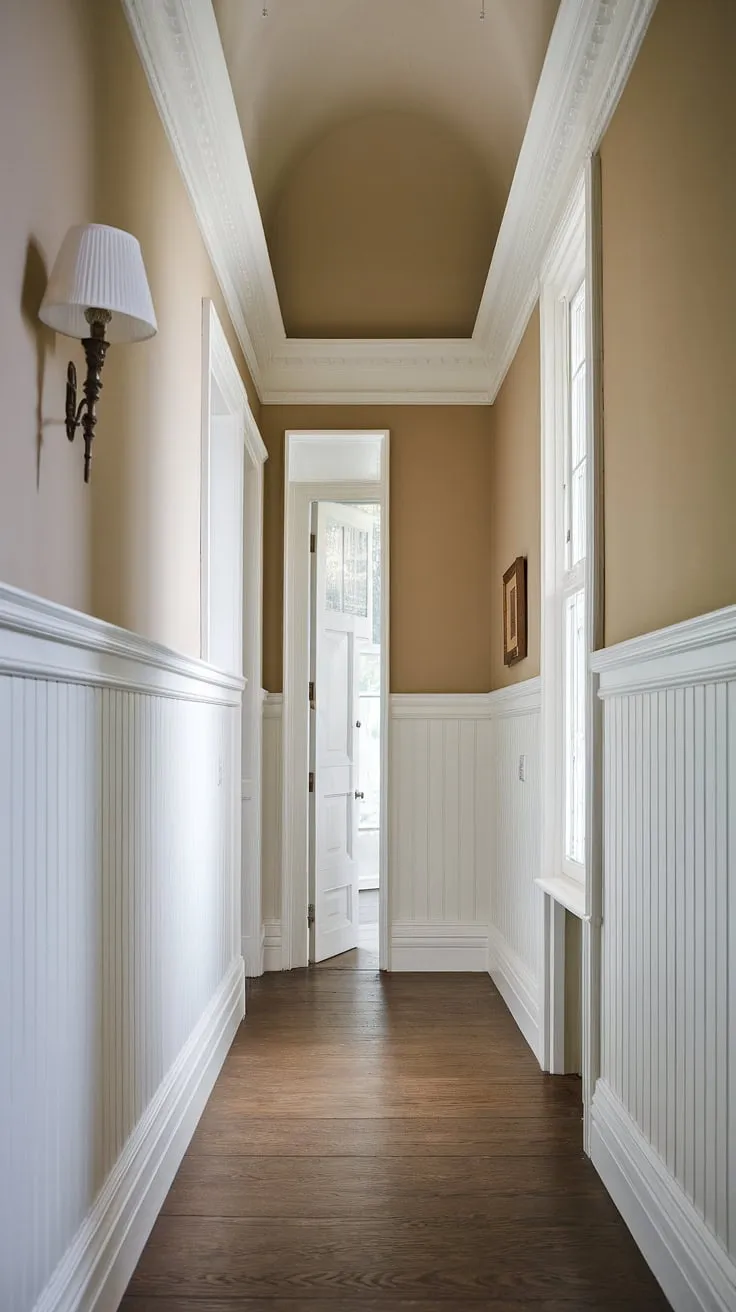 This long hallway, a stunning example of long hallway inspiration, showcases elegant white paneling hallway design. The foyer entryway is defined by classic wainscoting in the hallway, offering small hallway molding ideas and blank wall hallway ideas. The combination of white wainscoting and beige walls creates a sophisticated atmosphere, perfect for upstairs corridor ideas. Note the thoughtful millwork ideas, enhancing the hallway with wainscoting. The dark wood floor and high ceiling complete this beautiful hallway with wainscoting.