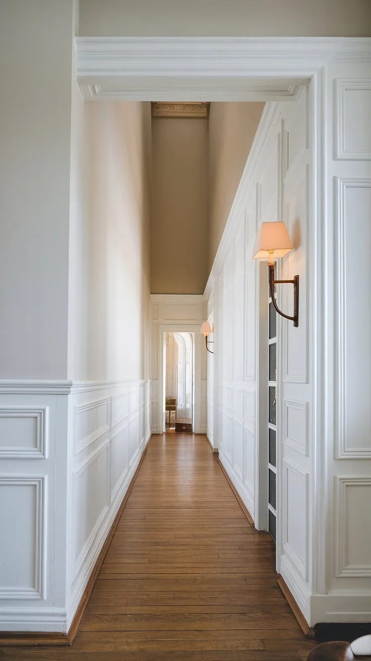 This long hallway, a perfect example of long hallway inspiration, showcases elegant white paneling hallway wainscoting. The foyer entryway is brightened by a wall lamp, while the blank wall provides a canvas for future hallway millwork ideas or artwork. Consider this small hallway molding ideas for your own upstairs corridor ideas. The hardwood floors and high ceilings complete the sophisticated look of this hallway with wainscoting. Wainscoting in hallway design adds timeless charm.