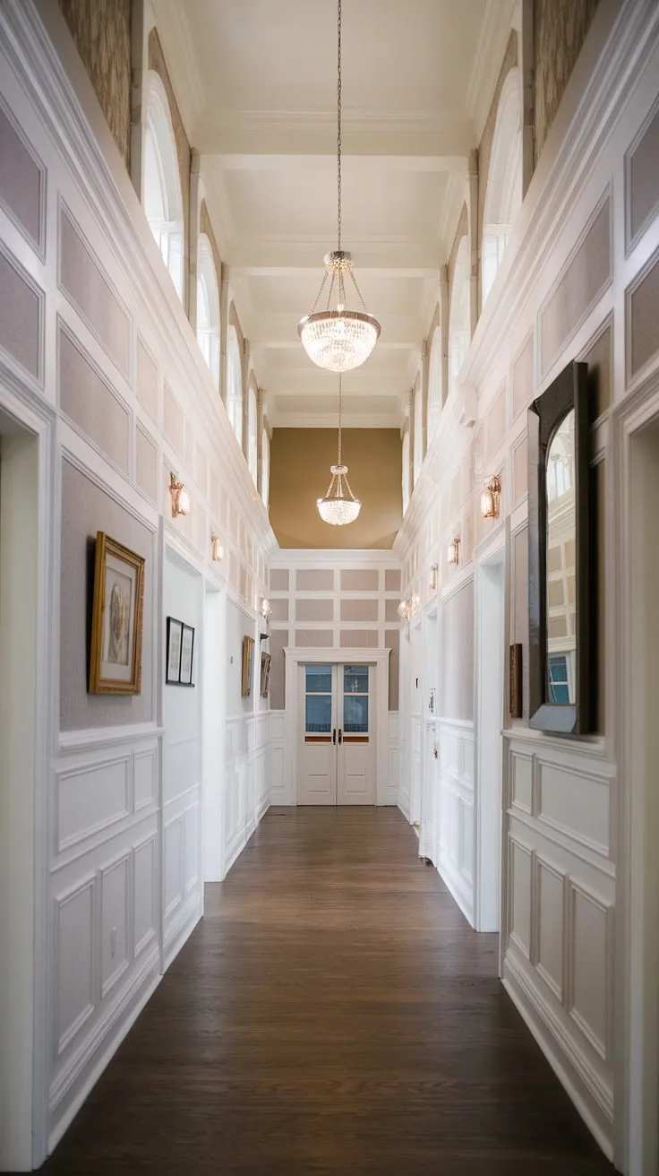 Grand foyer entryway wainscoting sets the tone for this stunning home. Hallway millwork ideas elevate the space, showcasing small hallway molding ideas and transforming a blank wall hallway into a gallery. Upstairs corridor ideas are effortlessly chic. Long hallway inspiration at its finest.