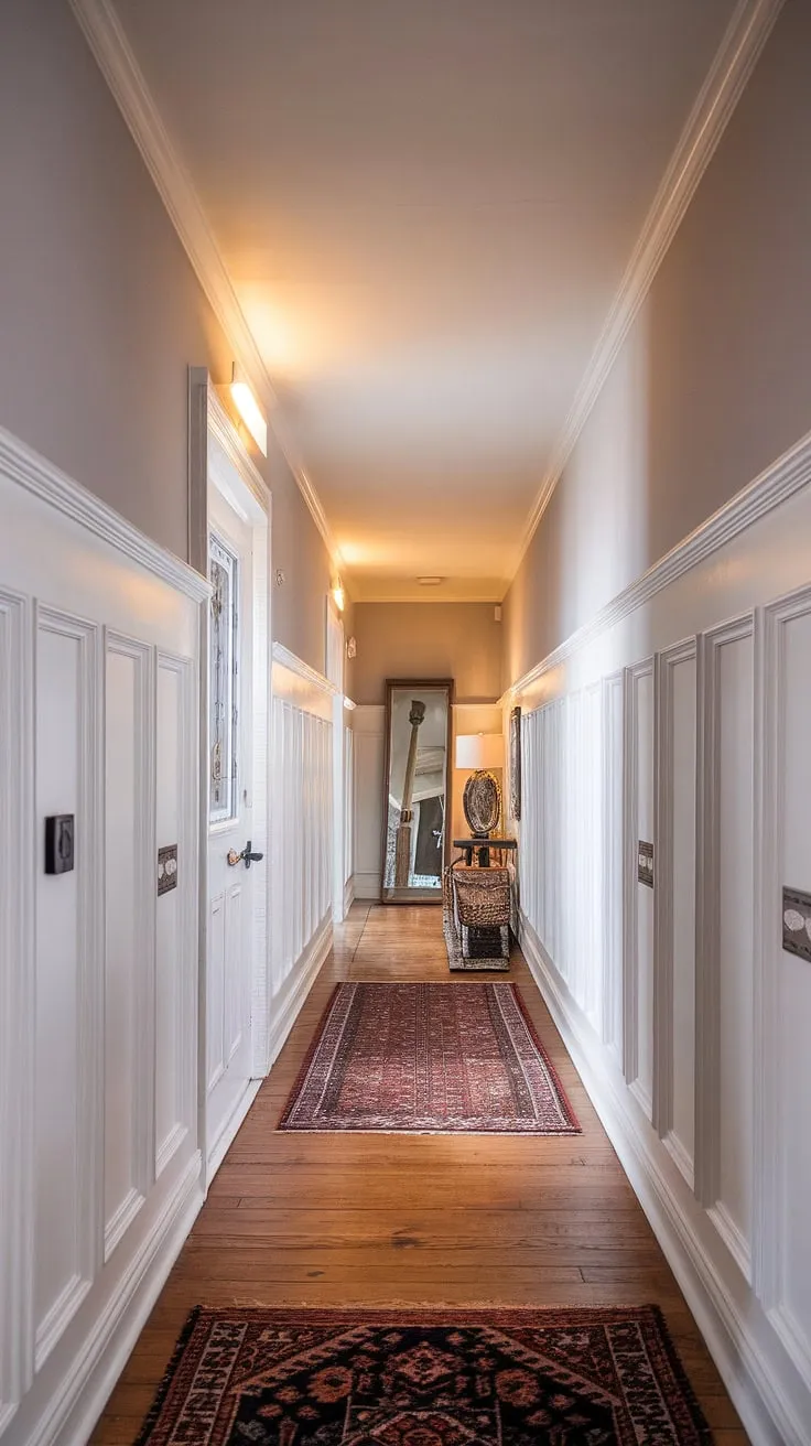 Warm lighting illuminates this long hallway, showcasing elegant white paneling hallway and wainscoting. The wainscoting in hallway adds architectural detail, offering small hallway molding ideas and hallway millwork ideas for a sophisticated foyer entryway. A simple rug and strategically placed furniture provide a welcoming touch, making it a perfect example of long hallway inspiration and upstairs corridor ideas. The blank wall hallway ideas are endless with this clean backdrop.