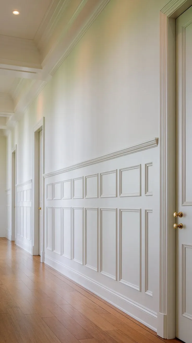 This long hallway, a stunning example of foyer entryway wainscoting, showcases elegant hallway millwork ideas. The white paneling hallway, featuring wainscoting in hallway, creates a bright and airy atmosphere. Small hallway molding ideas are beautifully executed, leaving the upper blank wall hallway ideas open for creative expression. This upstairs corridor ideas provides long hallway inspiration, perfect for those seeking sophisticated design.