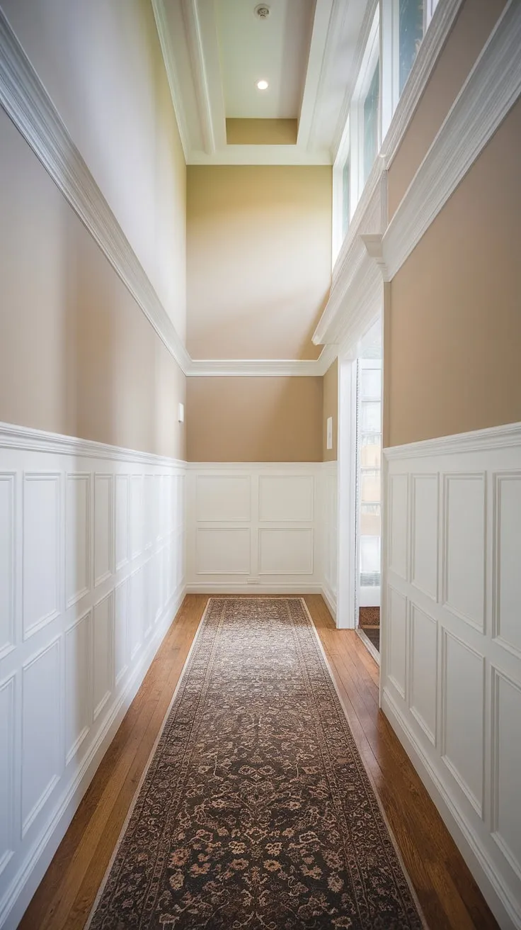 The high ceilings and recessed lighting enhance the spacious feel of this hallway with wainscoting, offering a wealth of wainscoting in hallway and blank wall hallway ideas. The white paneling hallway, a perfect example of upstairs corridor ideas, features a beautiful interplay of textures with the hardwood flooring and patterned rug. This foyer entryway is a testament to the impact of thoughtful millwork, providing long hallway inspiration and showcasing small hallway molding ideas for those seeking elegant hallway millwork ideas.