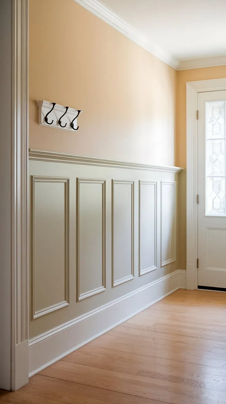 This hallway with wainscoting showcases the beauty of simple design. The wainscoting in hallway extends to the middle, leaving a blank wall hallway above perfect for hooks. Great small hallway molding ideas and long hallway inspiration, this foyer entryway wainscoting is a stunning example of upstairs corridor ideas.