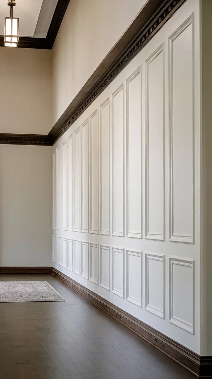 Elegant foyer entryway wainscoting sets the tone for this long hallway inspiration. The white paneling hallway, complemented by dark wood millwork, offers endless blank wall hallway ideas and small hallway molding ideas for an upstairs corridor.