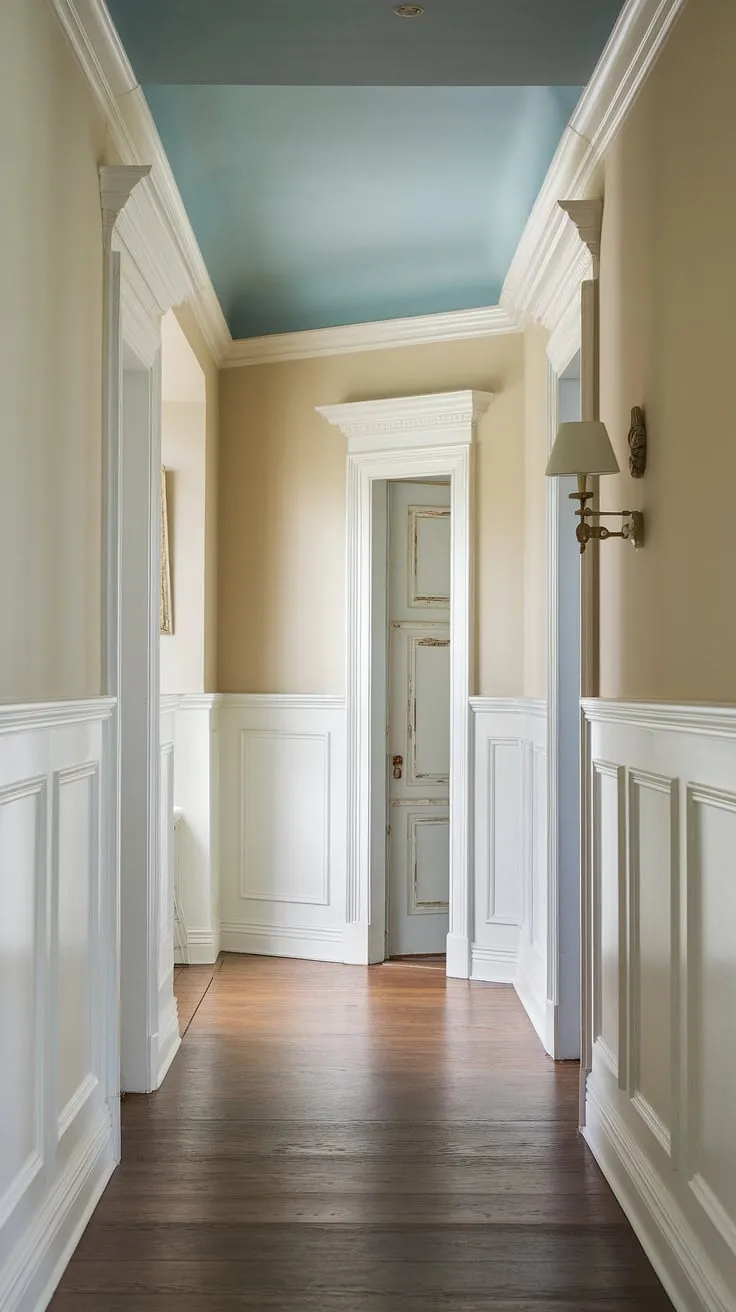 This long hallway, featuring white paneling hallway and wainscoting in hallway, is a masterclass in hallway millwork ideas. The foyer entryway wainscoting and small hallway molding ideas add architectural interest, while the soft color palette provides long hallway inspiration. Perfect blank wall hallway ideas and upstairs corridor ideas for a grand entrance.
