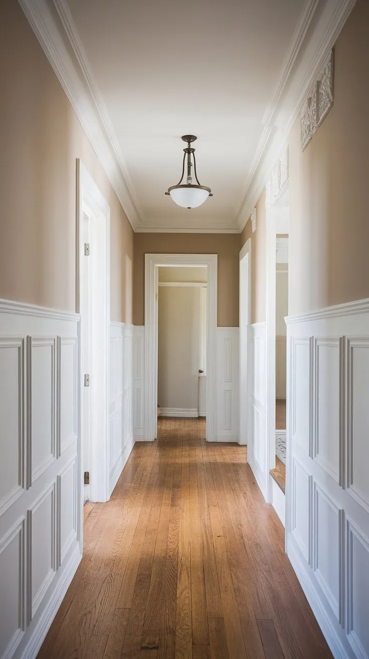 Elegant foyer entryway wainscoting sets the tone for this long hallway inspiration. Small hallway molding ideas and hallway millwork ideas create a sophisticated atmosphere, proving that even blank wall hallway ideas can be stunning. Upstairs corridor ideas don't get much better than this hallway with wainscoting. The white paneling hallway is a dream.