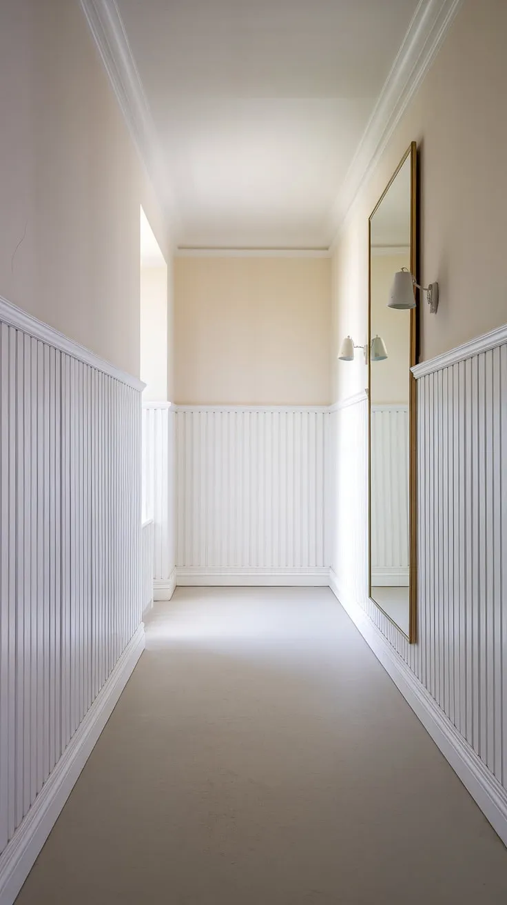 This long hallway, a perfect example of upstairs corridor ideas, showcases elegant white paneling hallway wainscoting that extends halfway up the walls. The wainscoting in hallway creates a sophisticated backdrop, while the blank wall hallway ideas, featuring a large mirror and wall lamps, add both light and visual interest. This foyer entryway is a testament to hallway millwork ideas and small hallway molding ideas, offering long hallway inspiration for those seeking to elevate their home's interior.