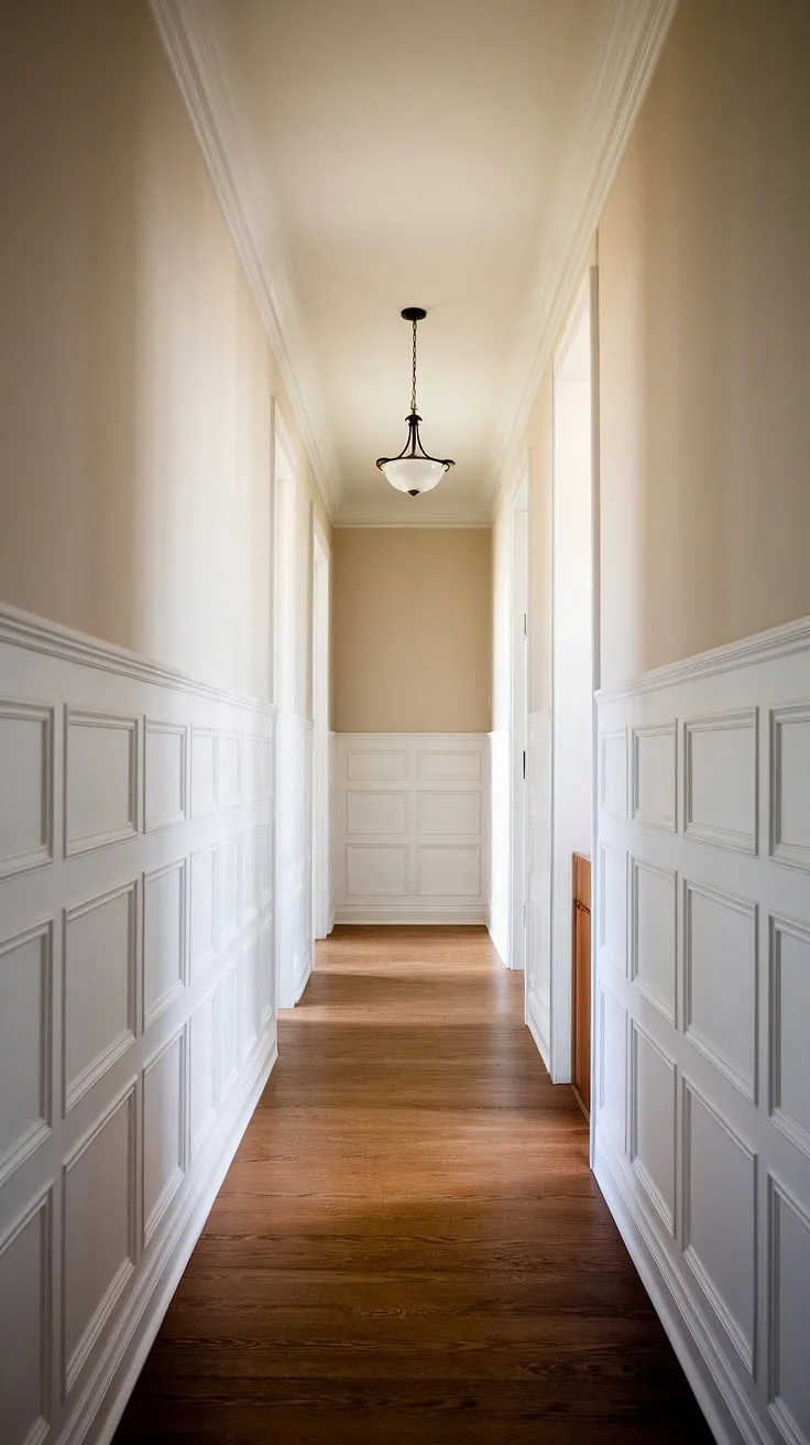 The wainscoting in hallway is the star of this upstairs corridor ideas. This hallway with wainscoting features a striking combination of white paneling hallway and rich dark wood flooring. Perfect for small hallway molding ideas, the design offers a sophisticated foyer entryway. The blank wall hallway ideas provide a canvas for personal touches, making this long hallway inspiration truly unique. These hallway millwork ideas are sure to impress.