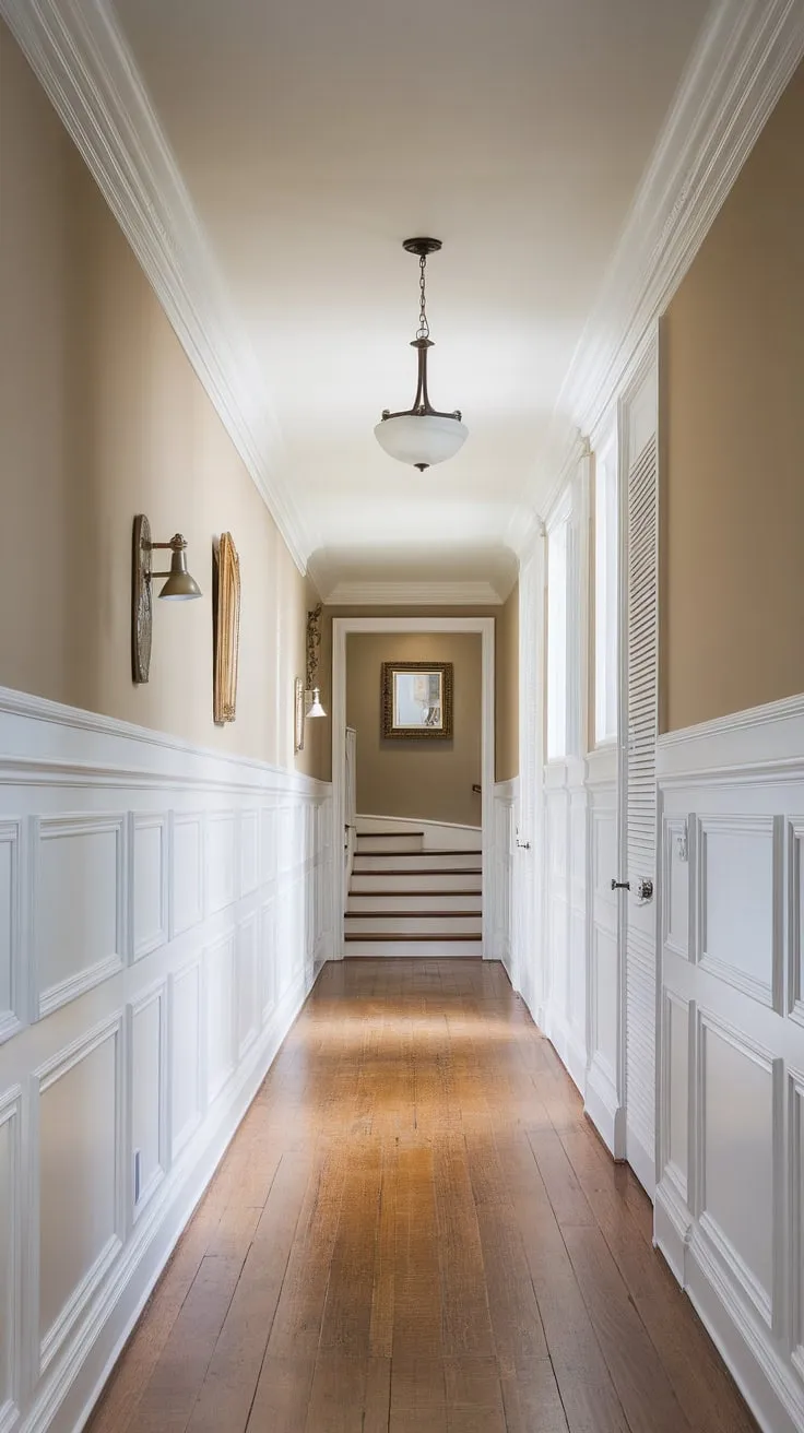 This long hallway, a stunning example of foyer entryway design, showcases elegant white paneling hallway wainscoting that elevates the space. The beige walls and hardwood floors create a warm contrast, while the series of doors on the right and decorative accents on the left offer hallway millwork ideas and blank wall hallway ideas. The staircase at the end hints at the grandeur beyond, making this a perfect example of upstairs corridor ideas and long hallway inspiration. Small hallway molding ideas are subtly incorporated, proving that even a narrow space can benefit from wainscoting in hallway design.