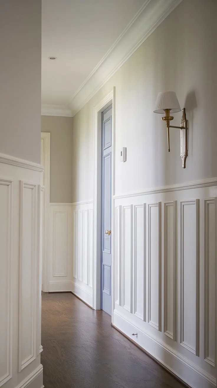 This long hallway, a perfect example of long hallway inspiration, showcases elegant white paneling hallway wainscoting that elevates the space. The light gray walls and dark wood floors create a sophisticated contrast, offering great small hallway molding ideas and blank wall hallway ideas. The subtle lighting and distant door make this foyer entryway a welcoming sight, providing upstairs corridor ideas and hallway millwork ideas for those seeking a touch of classic charm in their hallway with wainscoting. The wainscoting in hallway is a stunning focal point.