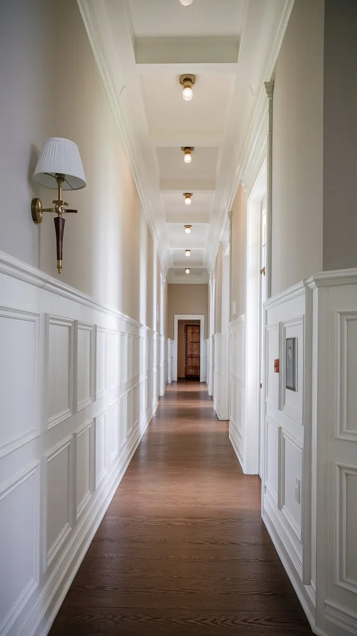 This hallway with wainscoting showcases stunning wainscoting in hallway design. The white paneling hallway and dark wood floor create a long hallway inspiration perfect for showcasing hallway millwork ideas and offering small hallway molding ideas for blank wall hallway ideas in an upstairs corridor.