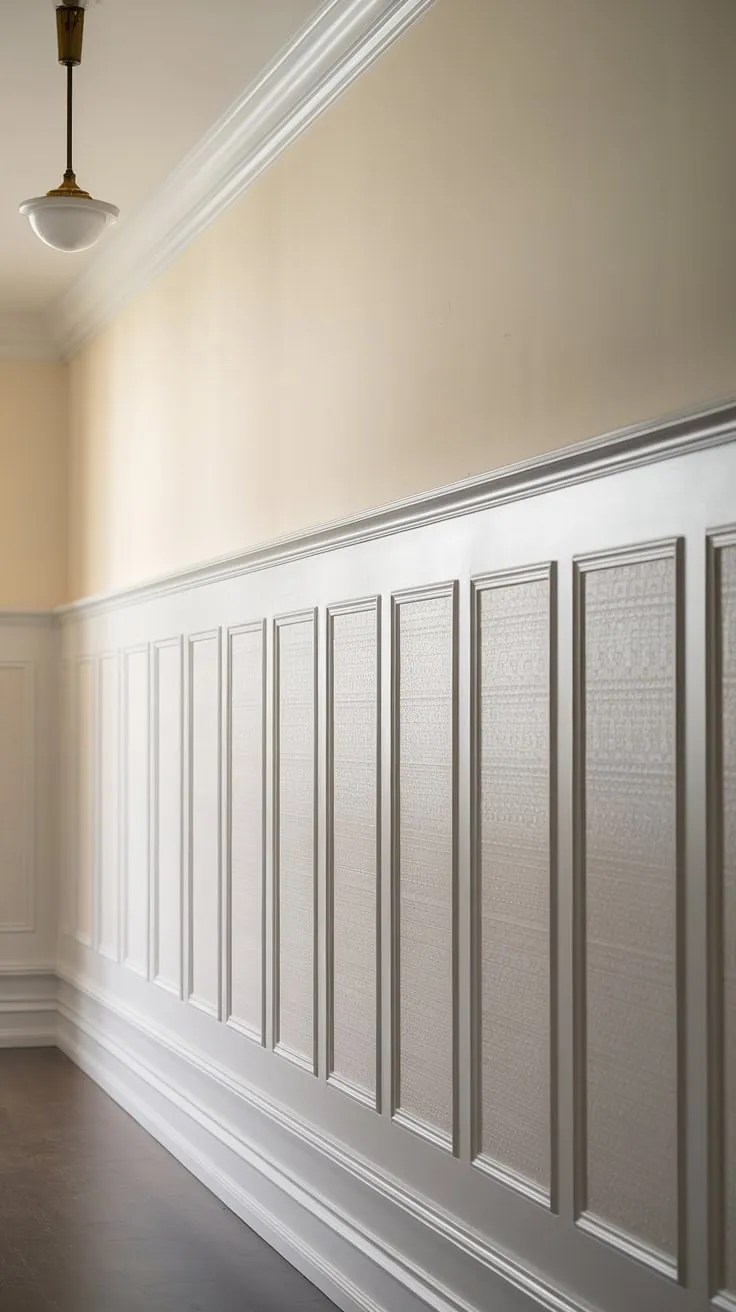This hallway with wainscoting transforms a simple upstairs corridor into a statement piece. The wainscoting in hallway, combined with thoughtful millwork, provides endless small hallway molding ideas and blank wall hallway inspiration, creating a sophisticated long hallway design.