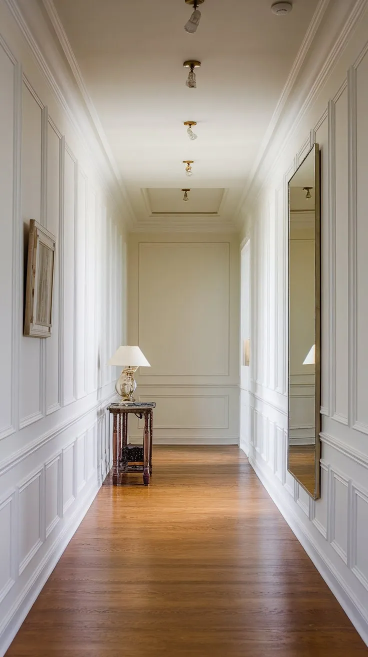 Elegant foyer entryway wainscoting transforms this long hallway into a stunning statement. Hallway millwork ideas elevate the space, showcasing small hallway molding ideas and offering blank wall hallway ideas for a personalized touch. Upstairs corridor ideas are redefined with this long hallway inspiration.