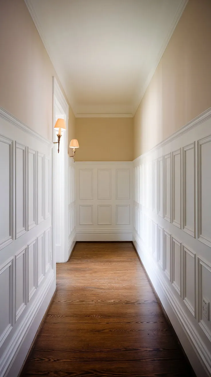 This long hallway, a perfect example of long hallway inspiration, showcases elegant wainscoting in hallway design. The white paneling hallway, complemented by a light beige upper wall, creates a sophisticated foyer entryway. This hallway with wainscoting offers small hallway molding ideas and blank wall hallway ideas, making it a stunning upstairs corridor ideas and a source of hallway millwork ideas. The dark wood floor adds warmth and contrast.