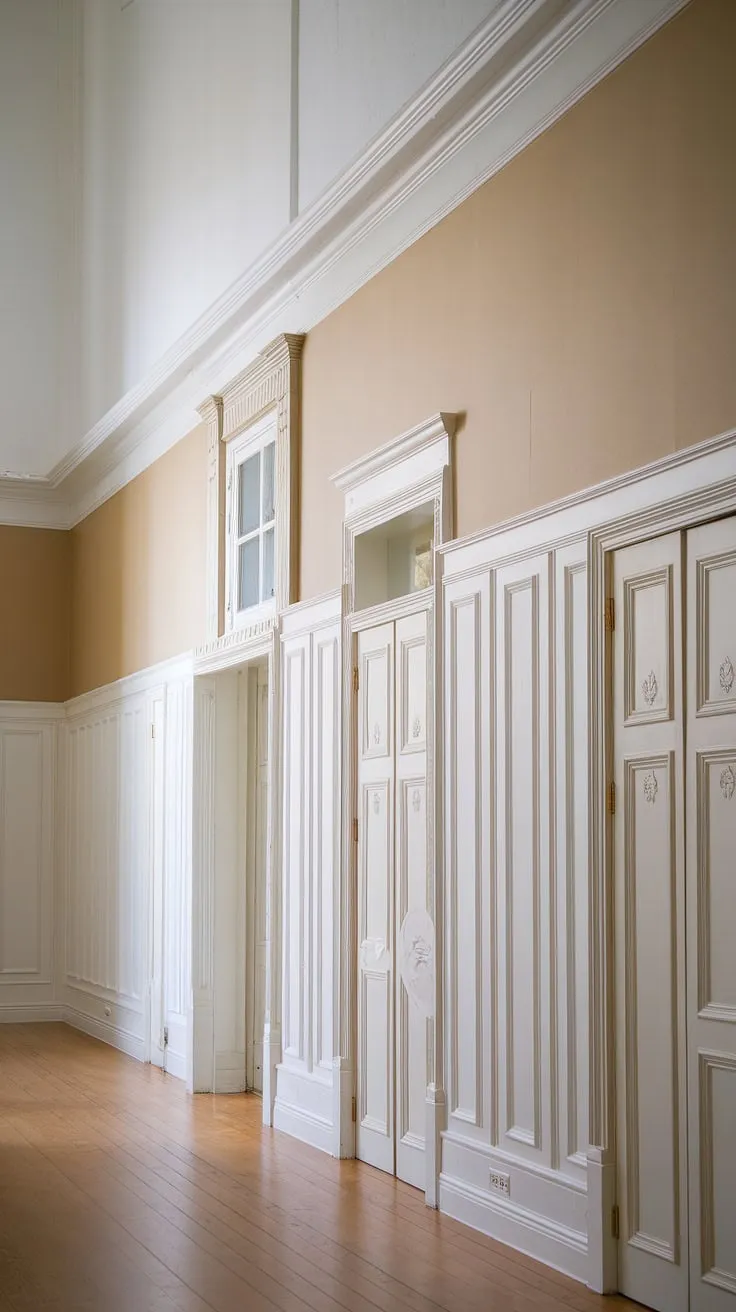 This hallway with wainscoting is a masterclass in design. The foyer entryway wainscoting, white paneling hallway, and thoughtful millwork create a long hallway inspiration perfect for showcasing small hallway molding ideas and blank wall hallway ideas. Consider this for your upstairs corridor ideas.