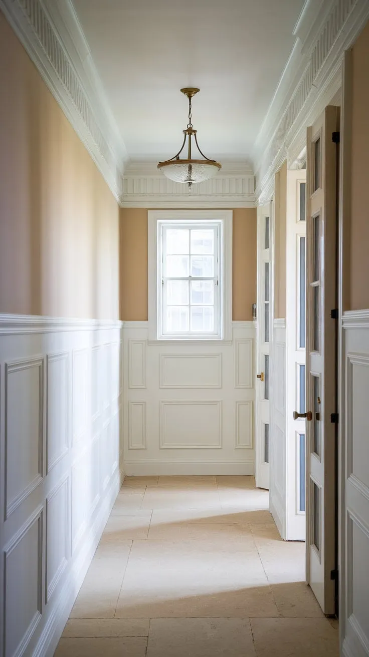 Elegant foyer entryway wainscoting sets the tone for this stunning home. Hallway millwork ideas like this transform a simple upstairs corridor into a long hallway inspiration, showcasing small hallway molding ideas and offering blank wall hallway ideas with impact. The white paneling hallway, a hallway with wainscoting, and the wainscoting in hallway are all beautifully executed.