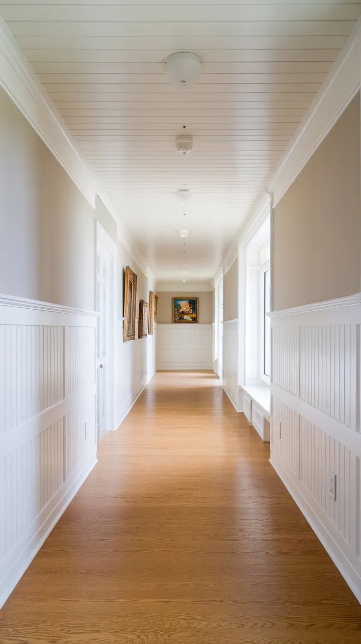 The white paneling hallway, a perfect showcase of wainscoting in hallway, immediately elevates this home's entryway. This long hallway inspiration utilizes small hallway molding ideas and hallway millwork ideas to create a sense of grandeur. The wainscoting, combined with the light hardwood floor, offers a wealth of ideas for blank wall hallway ideas and upstairs corridor ideas, transforming a simple foyer entryway into a statement piece.