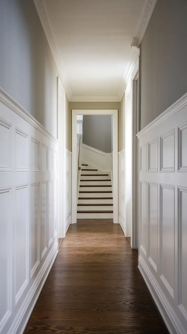 This long hallway, a stunning example of foyer entryway wainscoting, showcases elegant hallway millwork ideas. The white paneling hallway, extending halfway up the walls, creates a sophisticated contrast against the light gray above. Dark hardwood flooring adds warmth, while the strategic placement of doors and the view of the staircase at the end offer long hallway inspiration. This is a perfect example of small hallway molding ideas and blank wall hallway ideas, transforming a simple upstairs corridor into a design statement. The wainscoting in hallway adds architectural detail and visual interest.