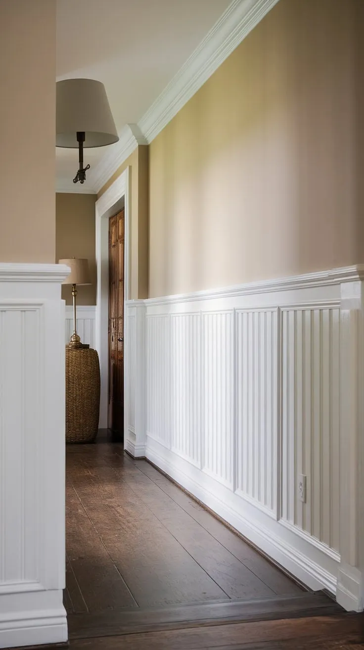 The wainscoting in hallway is the star of this long hallway inspiration. This hallway with wainscoting features white paneling hallway, creating a clean and classic look. The beige upper walls and dark wood floors offer a warm contrast, while the blank wall on the right presents endless possibilities for personalizing this foyer entryway. Consider this image for your own hallway millwork ideas or small hallway molding ideas, especially if you're looking for upstairs corridor ideas. The use of wainscoting is a simple yet effective solution for blank wall hallway ideas.