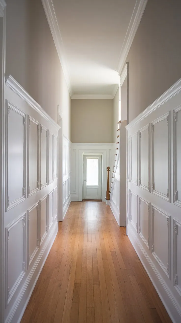 This stunning foyer entryway boasts a long hallway with wainscoting, featuring beautiful white paneling hallway design. The wainscoting in hallway extends to the halfway point, creating a sophisticated contrast with the light grey upper walls. The light hardwood floors and soft lighting enhance the overall elegance, offering great upstairs corridor ideas and long hallway inspiration. This is a perfect example of hallway millwork ideas and small hallway molding ideas, providing excellent blank wall hallway ideas for those seeking a refined and spacious feel.