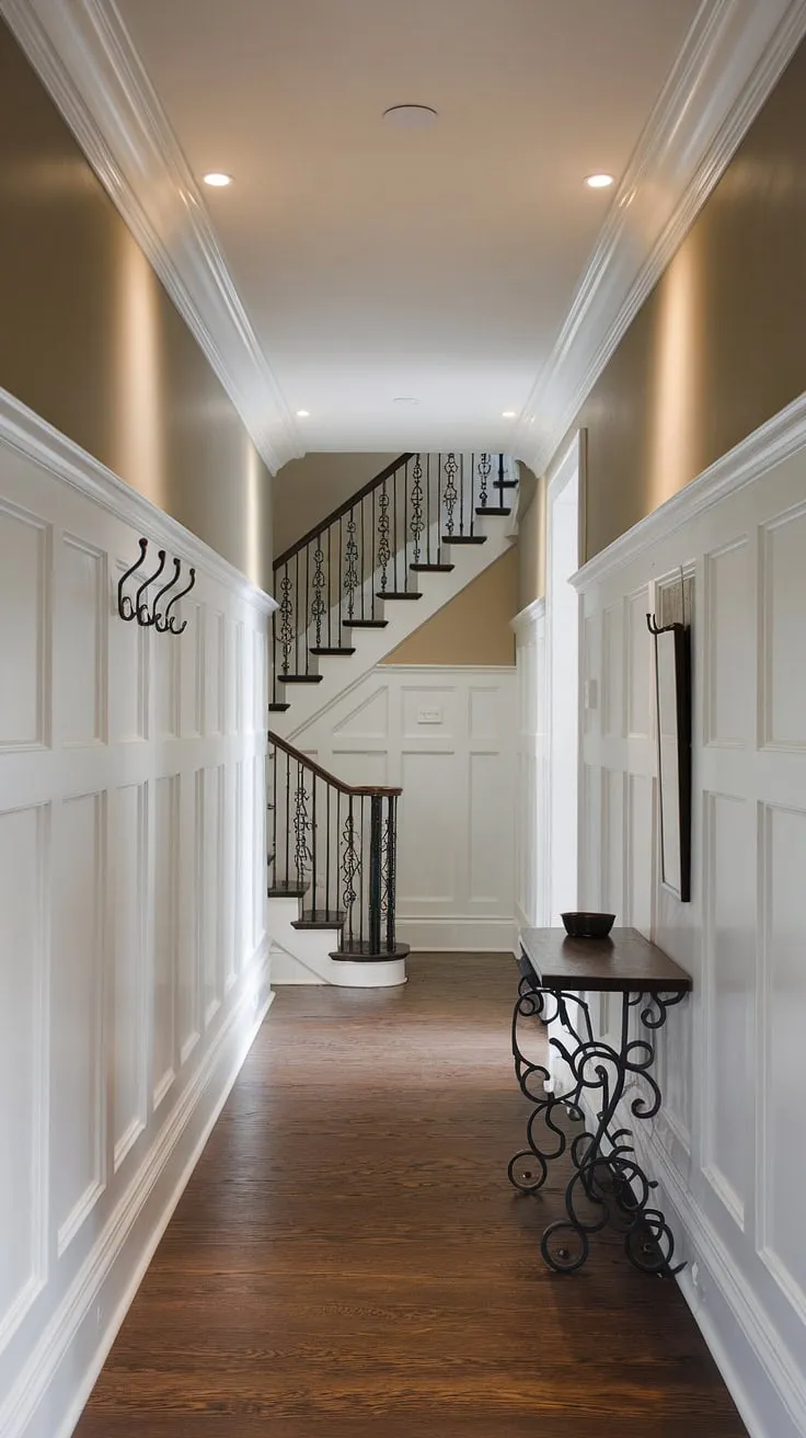 The wainscoting in hallway is the focal point of this dramatic space, offering a wealth of hallway with wainscoting and small hallway molding ideas. This long hallway inspiration features a striking combination of dark grey and beige paint, complemented by crisp white paneling hallway. The dark wood flooring and wrought iron staircase at the end elevate the design, transforming this simple upstairs corridor ideas into a sophisticated foyer entryway wainscoting. Clever use of blank wall hallway ideas with minimal decor keeps the focus on the stunning millwork.