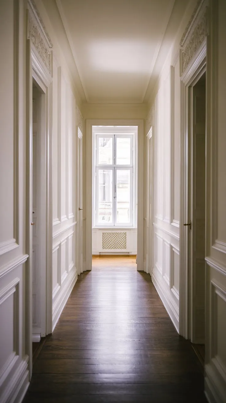 Elegant white paneling hallway creates a sophisticated atmosphere in this foyer entryway. The dark hardwood floor contrasts beautifully with the wainscoting, offering long hallway inspiration and showcasing stunning hallway millwork ideas. This upstairs corridor ideas example demonstrates how small hallway molding ideas can dramatically impact a space, even transforming a blank wall hallway ideas into a design statement. The window at the end adds a touch of brightness to this hallway with wainscoting.