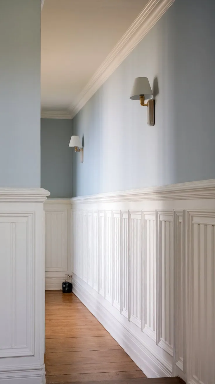 Elegant foyer entryway wainscoting sets the tone for this long hallway inspiration. Small hallway molding ideas like this white paneling hallway create a sophisticated feel, perfect for upstairs corridor ideas and blank wall hallway ideas.