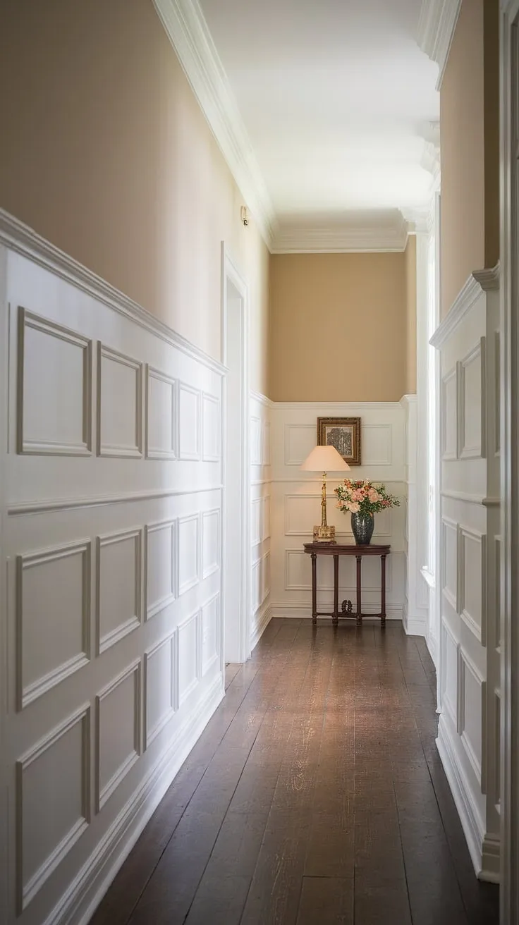 Elegant long hallway inspiration showcasing classic white paneling hallway design. The wainscoting in hallway adds architectural detail, offering small hallway molding ideas and blank wall hallway ideas. This foyer entryway, with its dark wood floors and high ceilings, provides upstairs corridor ideas and hallway millwork ideas for a sophisticated and timeless aesthetic. A simple lamp and vase of flowers add a touch of warmth.