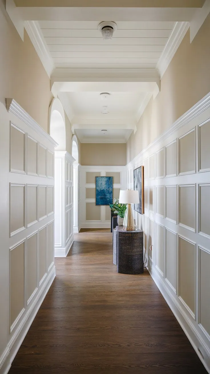 This long hallway, a perfect example of long hallway inspiration, showcases elegant white paneling hallway design. The wainscoting in hallway, combined with the beige paneling below, creates a sophisticated atmosphere. Note the clever use of small hallway molding ideas and the blank wall hallway ideas near the foyer entryway, offering a canvas for future decor. The dark wood flooring complements the hallway millwork ideas beautifully, while the strategically placed furniture, including a lamp, plant, and painting, adds warmth and personality to this upstairs corridor ideas. This hallway with wainscoting is a testament to the transformative power of wainscoting in hallway design.