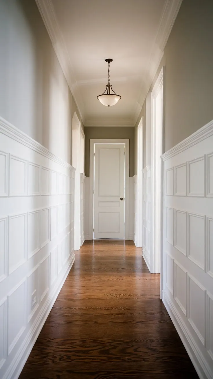 This long hallway inspiration features wainscoting in hallway, transforming a simple upstairs corridor into a sophisticated space. The white paneling hallway and dark hardwood floor create a dramatic contrast, offering practical small hallway molding ideas and blank wall hallway ideas. A perfect example of hallway millwork ideas and foyer entryway wainscoting.
