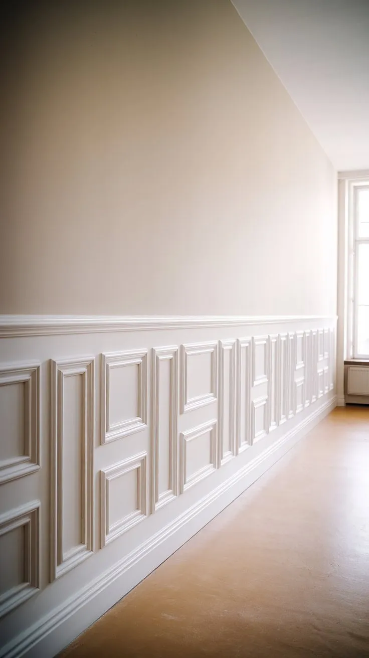 Soft light illuminates this serene foyer entryway, showcasing elegant wainscoting in the hallway. The white paneling hallway, a perfect example of hallway millwork ideas, creates a sense of calm and spaciousness. This long hallway inspiration offers ample opportunity for blank wall hallway ideas, while the small hallway molding ideas add subtle sophistication. The upstairs corridor ideas are further enhanced by the window at the far end, making it an ideal space for showcasing artwork or a statement mirror.