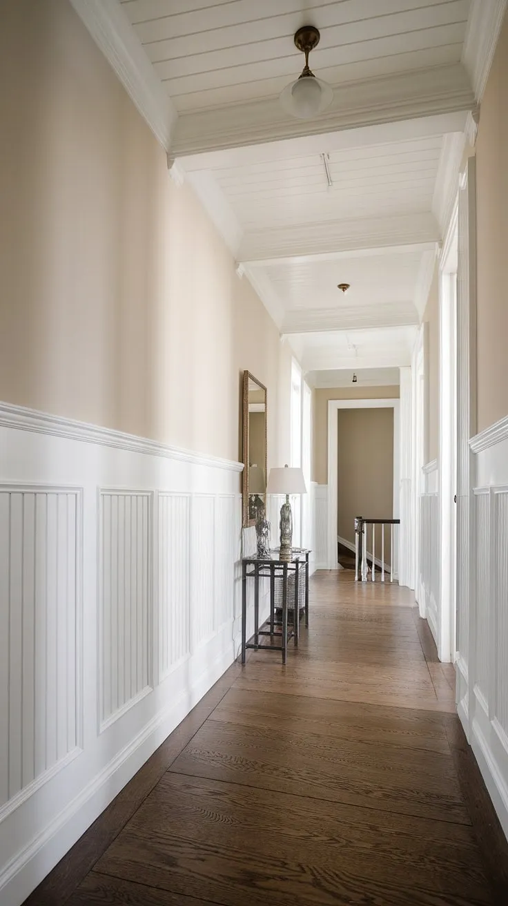 The pristine white wainscoting in this hallway with wainscoting immediately elevates the space. This foyer entryway is a testament to the impact of simple design, offering compelling small hallway molding ideas and blank wall hallway ideas. The dark hardwood floor and subtle lighting create a warm contrast against the white paneling hallway, making it a perfect example of upstairs corridor ideas and long hallway inspiration. Consider this a showcase of hallway millwork ideas and how effective wainscoting in hallway can be.