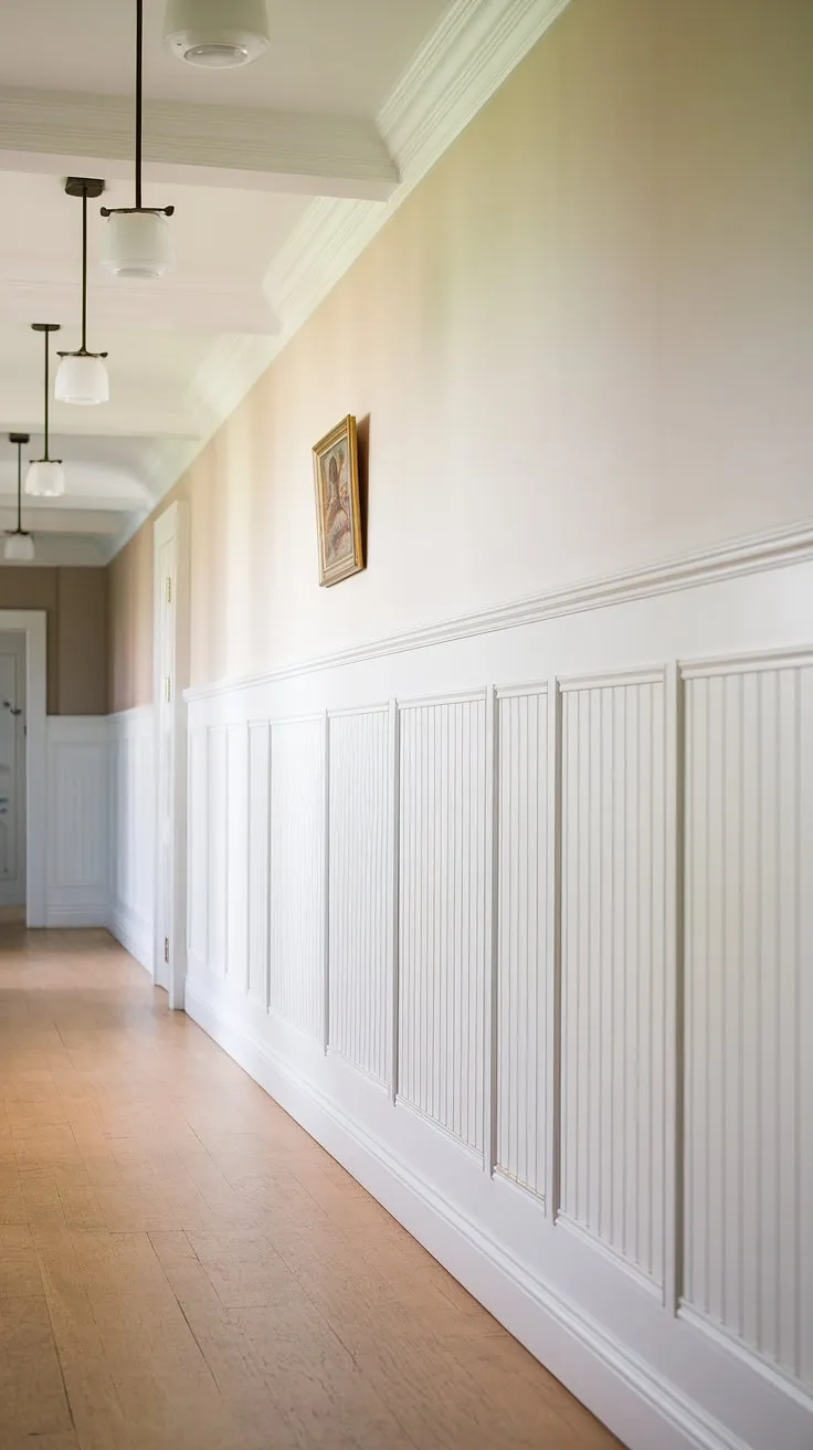 Elegant foyer entryway wainscoting sets the tone for this long hallway inspiration. Hallway millwork ideas like this white paneling hallway create a sophisticated atmosphere, perfect for showcasing small hallway molding ideas and offering blank wall hallway ideas. Upstairs corridor ideas don't get much better than this hallway with wainscoting.