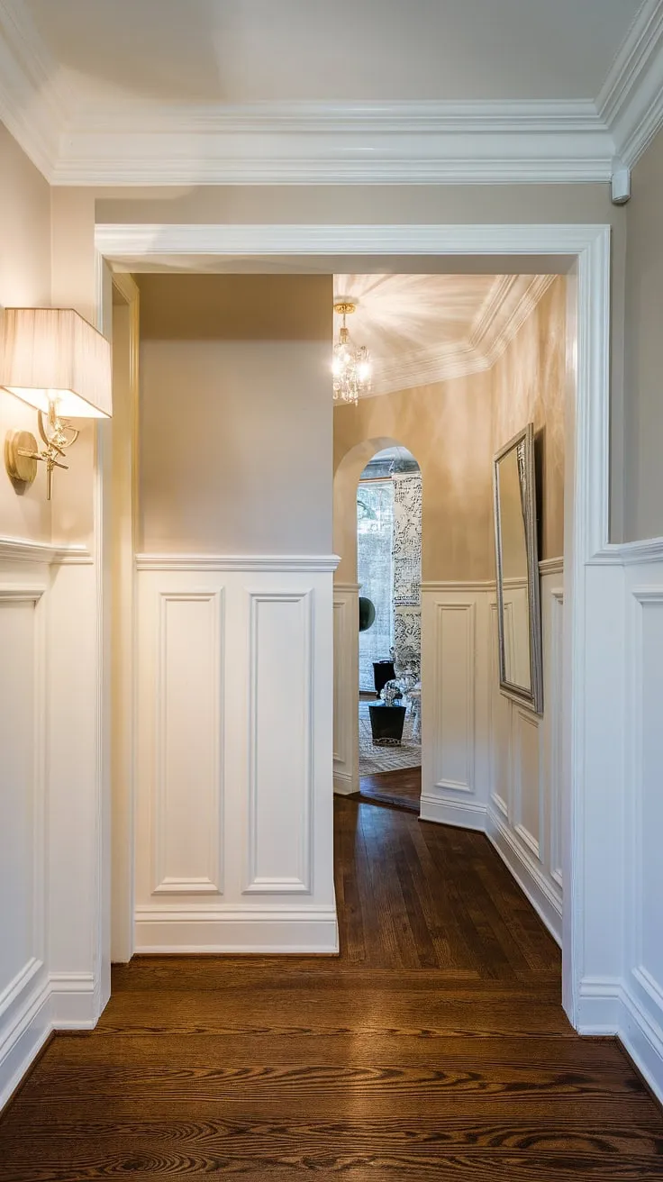 This stunning hallway with wainscoting provides ample long hallway inspiration. The white paneling hallway, featuring wainscoting in hallway, creates a bright and airy feel, while the dark wood flooring adds depth and richness. This is a perfect example of small hallway molding ideas and blank wall hallway ideas, showcasing the impact of hallway millwork in a foyer entryway. Consider this design for your upstairs corridor ideas.