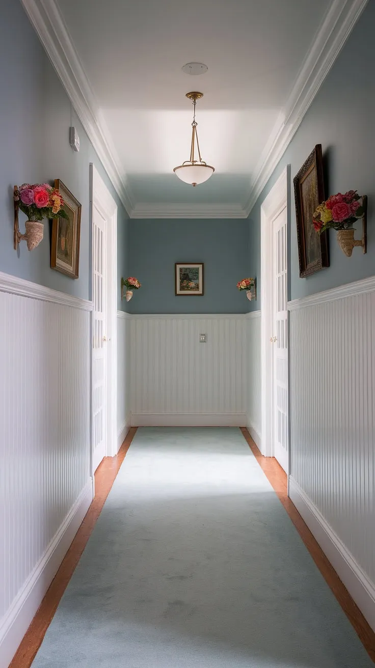 Step into serenity: This foyer entryway wainscoting sets the tone with elegant hallway millwork ideas. Small hallway molding ideas like this maximize light and create a stunning long hallway inspiration.