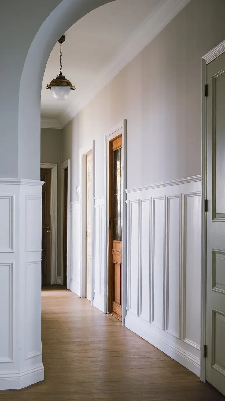 White paneling hallway? This hallway with wainscoting and its unique curved design offers a wealth of wainscoting in hallway ideas, perfect for long hallway inspiration and small space solutions.